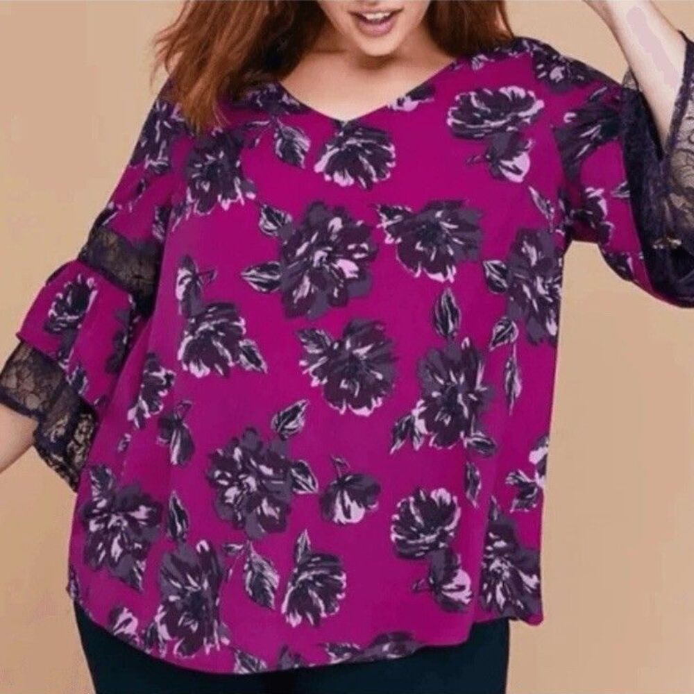 Lane Bryant Lace Ruffle Sleeve Purple Black Floral Blouse Top Women's 18/20 NEW